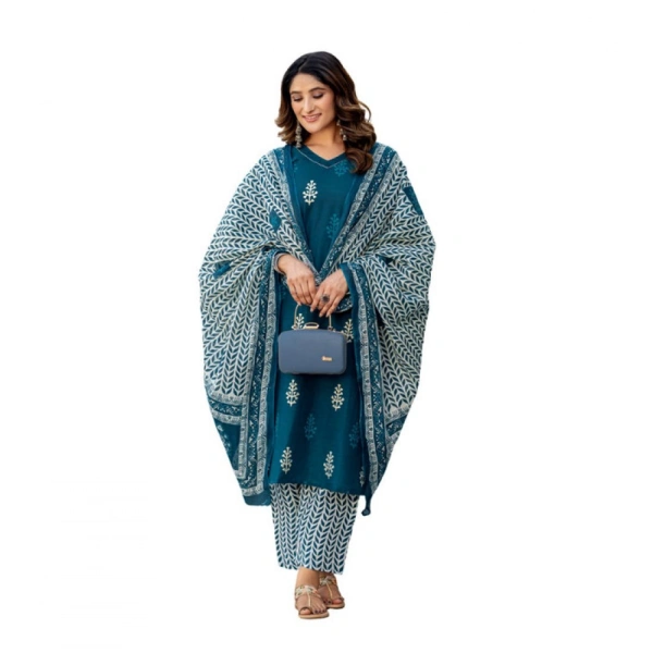 Women's Cotton Blend Printed Kurti With Pant Dupatta Set (Morpichh) - 2XL