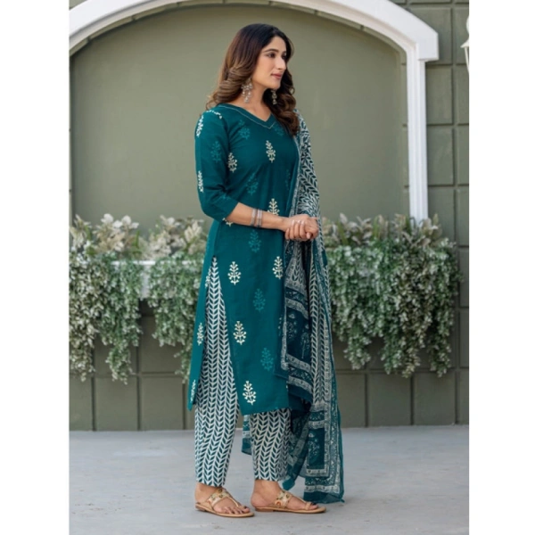 Women's Cotton Blend Printed Kurti With Pant Dupatta Set (Morpichh) - 2XL