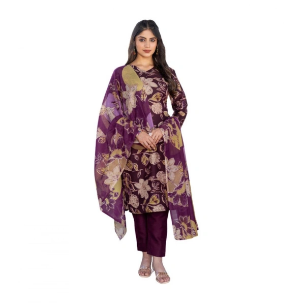Women's Cotton Blend Printed Kurti With Pant Dupatta Set (Purple) - L