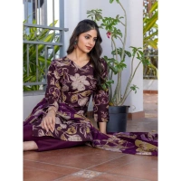Women's Cotton Blend Printed Kurti With Pant Dupatta Set (Purple) - L