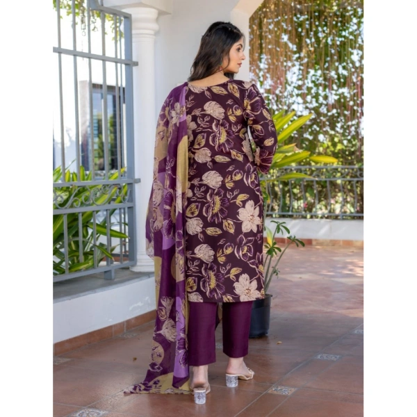 Women's Cotton Blend Printed Kurti With Pant Dupatta Set (Purple) - L