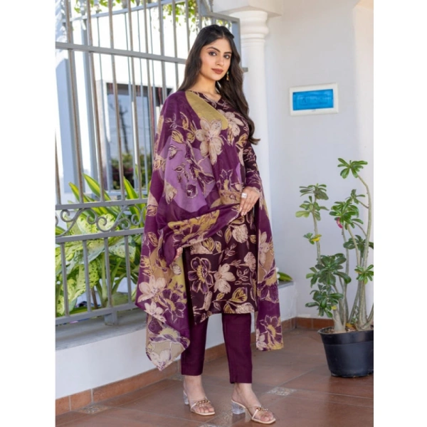 Women's Cotton Blend Printed Kurti With Pant Dupatta Set (Purple) - L