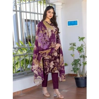 Women's Cotton Blend Printed Kurti With Pant Dupatta Set (Purple) - L