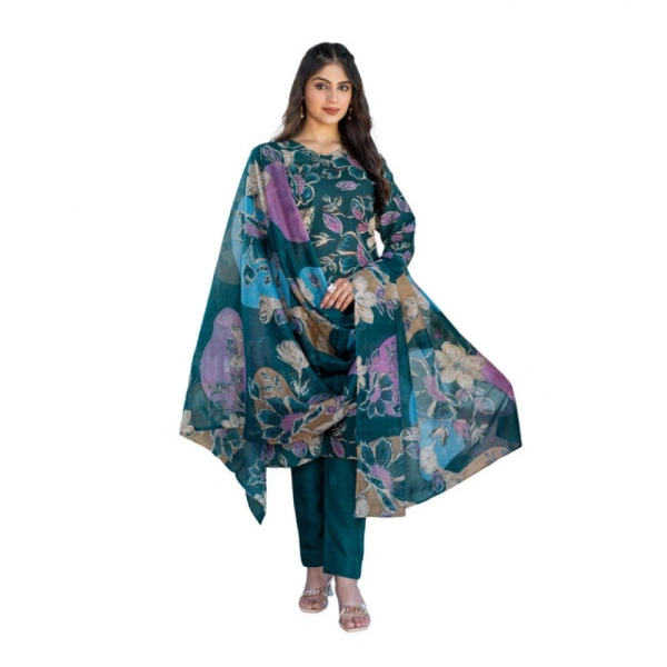 Women's Cotton Blend Printed Kurti With Pant Dupatta Set (Rama) - M