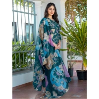 Women's Cotton Blend Printed Kurti With Pant Dupatta Set (Rama) - M