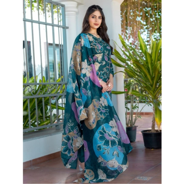 Women's Cotton Blend Printed Kurti With Pant Dupatta Set (Rama) - M