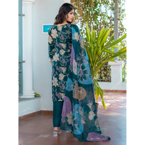 Women's Cotton Blend Printed Kurti With Pant Dupatta Set (Rama) - M