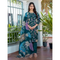 Women's Cotton Blend Printed Kurti With Pant Dupatta Set (Rama) - M