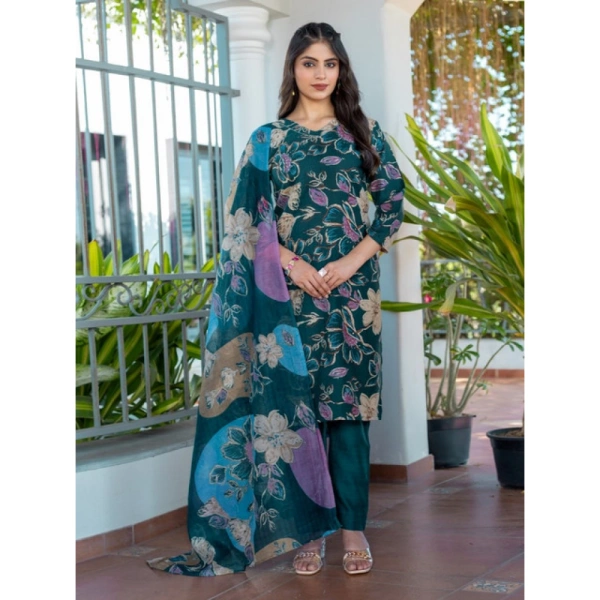 Women's Cotton Blend Printed Kurti With Pant Dupatta Set (Rama) - M