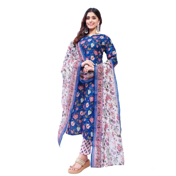 Women's Cotton Blend Printed Kurti With Pant Dupatta Set (Blue) - L