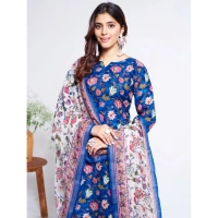 Women's Cotton Blend Printed Kurti With Pant Dupatta Set (Blue) - L