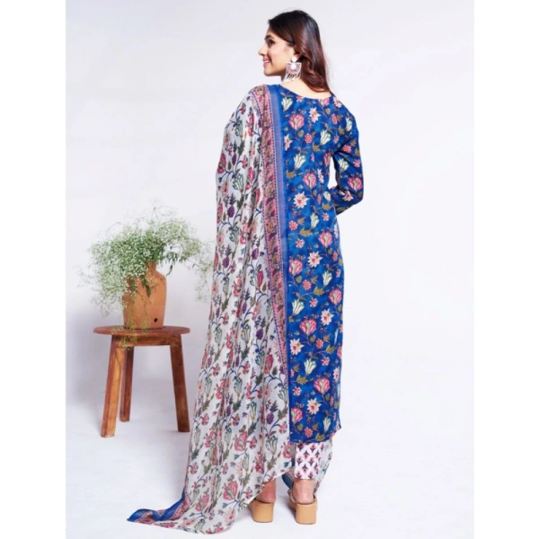 Women's Cotton Blend Printed Kurti With Pant Dupatta Set (Blue) - L