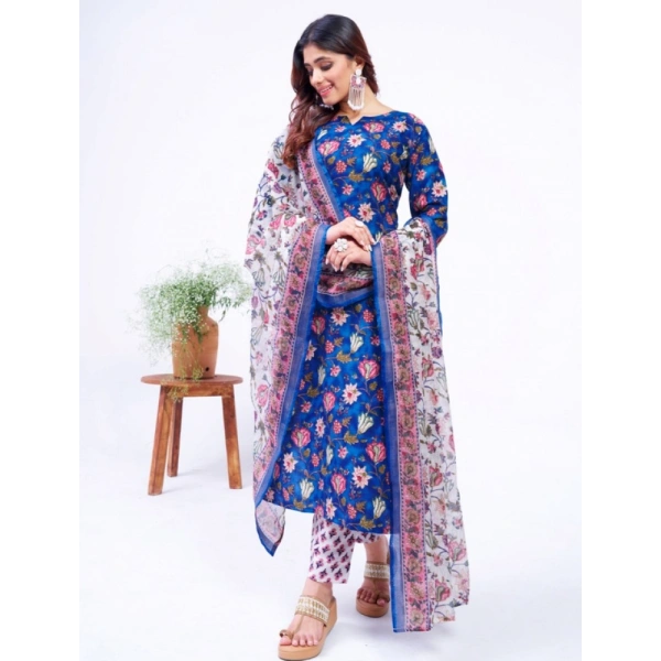 Women's Cotton Blend Printed Kurti With Pant Dupatta Set (Blue) - L