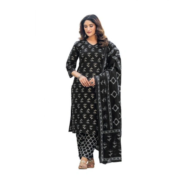 Women's Cotton Blend Printed Kurti With Pant Dupatta Set (Black) - M