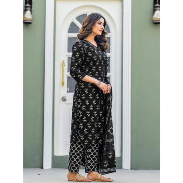Women's Cotton Blend Printed Kurti With Pant Dupatta Set (Black) - M
