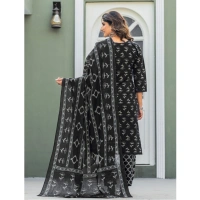 Women's Cotton Blend Printed Kurti With Pant Dupatta Set (Black) - M
