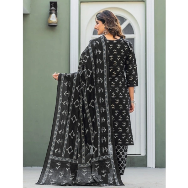 Women's Cotton Blend Printed Kurti With Pant Dupatta Set (Black) - M