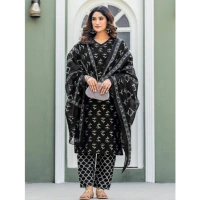 Women's Cotton Blend Printed Kurti With Pant Dupatta Set (Black) - M