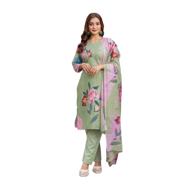 Women's Cotton Blend Printed Kurti With Pant Dupatta Set (Mehendi) - 2XL