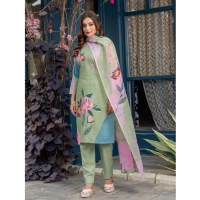 Women's Cotton Blend Printed Kurti With Pant Dupatta Set (Mehendi) - 2XL