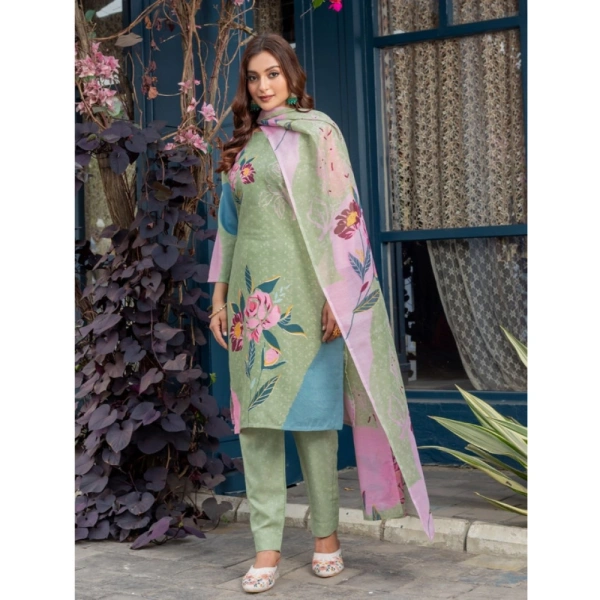 Women's Cotton Blend Printed Kurti With Pant Dupatta Set (Mehendi) - 2XL