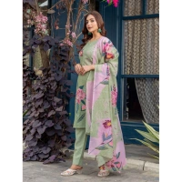 Women's Cotton Blend Printed Kurti With Pant Dupatta Set (Mehendi) - 2XL