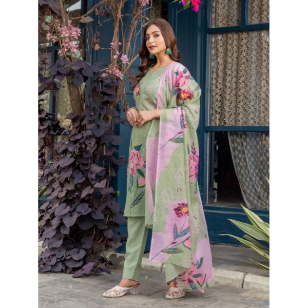 Women's Cotton Blend Printed Kurti With Pant Dupatta Set (Mehendi) - 2XL