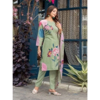 Women's Cotton Blend Printed Kurti With Pant Dupatta Set (Mehendi) - 2XL
