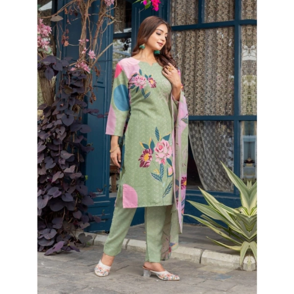 Women's Cotton Blend Printed Kurti With Pant Dupatta Set (Mehendi) - 2XL