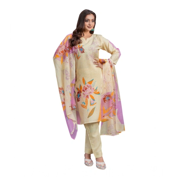 Women's Cotton Blend Printed Kurti With Pant Dupatta Set (Cream) - S