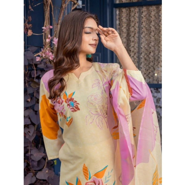 Women's Cotton Blend Printed Kurti With Pant Dupatta Set (Cream) - S