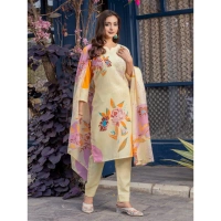Women's Cotton Blend Printed Kurti With Pant Dupatta Set (Cream) - S