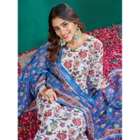 Women's Cotton Blend Printed Kurti With Pant Dupatta Set (Multicolor) - S