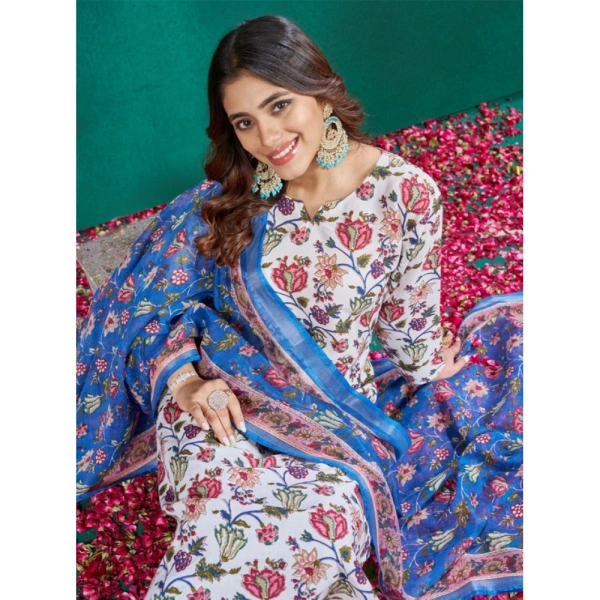 Women's Cotton Blend Printed Kurti With Pant Dupatta Set (Multicolor) - S