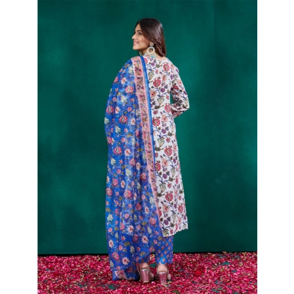 Women's Cotton Blend Printed Kurti With Pant Dupatta Set (Multicolor) - S
