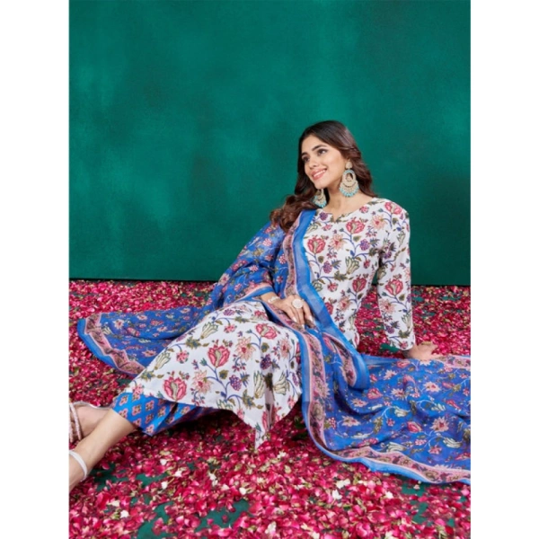 Women's Cotton Blend Printed Kurti With Pant Dupatta Set (Multicolor) - S