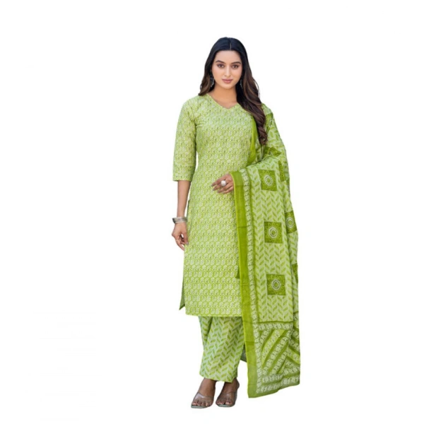 Women's Cotton Blend Printed Kurti With Pant Dupatta Set (Parrot) - M