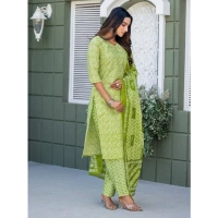 Women's Cotton Blend Printed Kurti With Pant Dupatta Set (Parrot) - M