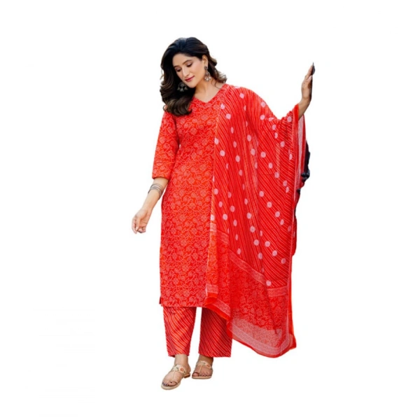 Women's Cotton Blend Printed Kurti With Pant Dupatta Set (Orange) - L