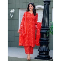 Women's Cotton Blend Printed Kurti With Pant Dupatta Set (Orange) - L