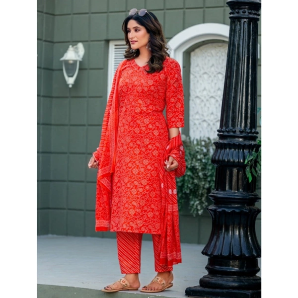 Women's Cotton Blend Printed Kurti With Pant Dupatta Set (Orange) - L
