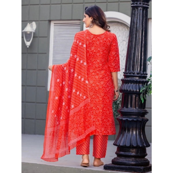 Women's Cotton Blend Printed Kurti With Pant Dupatta Set (Orange) - L