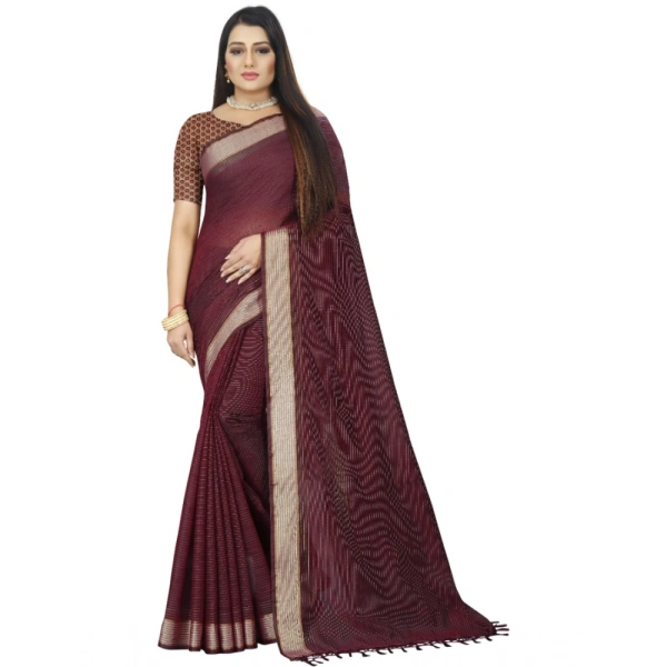 Women's Cotton Blend Solid/Plain Saree With Unstitched Blouse 5.5Mtr (Brown) - Brown