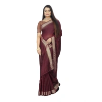 Women's Cotton Blend Solid/Plain Saree With Unstitched Blouse 5.5Mtr (Brown) - Brown