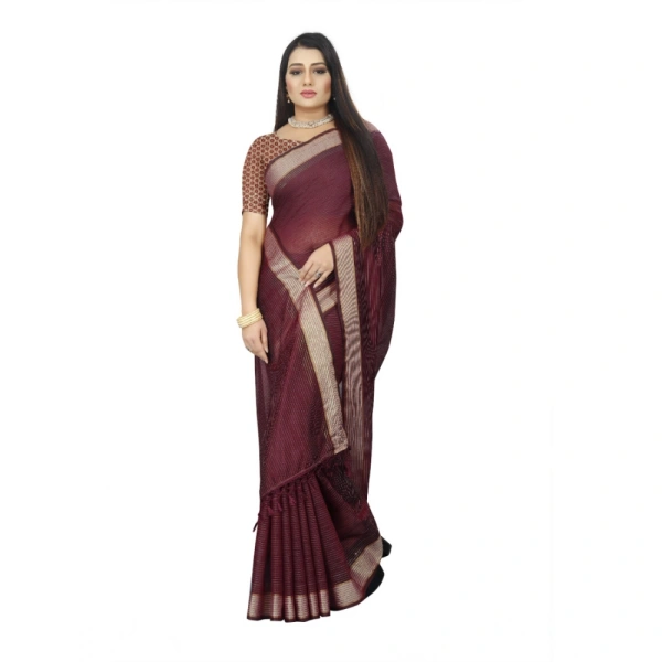 Women's Cotton Blend Solid/Plain Saree With Unstitched Blouse 5.5Mtr (Brown) - Brown