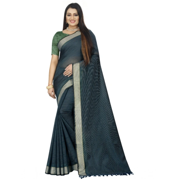Women's Cotton Blend Solid/Plain Saree With Unstitched Blouse 5.5Mtr (Dark Green) - Dark Green