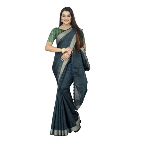 Women's Cotton Blend Solid/Plain Saree With Unstitched Blouse 5.5Mtr (Dark Green) - Dark Green