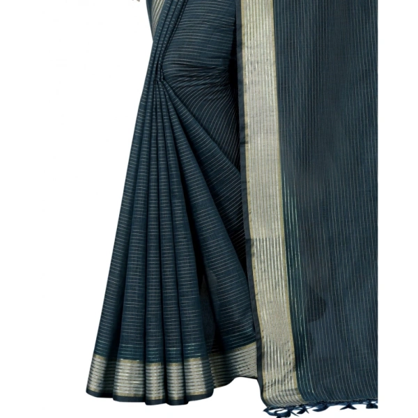 Women's Cotton Blend Solid/Plain Saree With Unstitched Blouse 5.5Mtr (Dark Green) - Dark Green