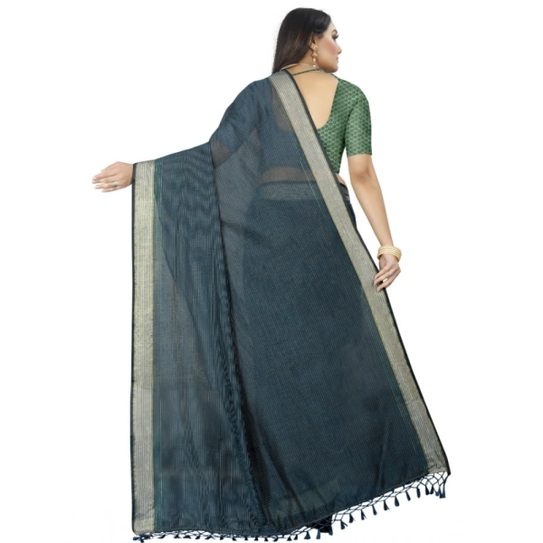 Women's Cotton Blend Solid/Plain Saree With Unstitched Blouse 5.5Mtr (Dark Green) - Dark Green
