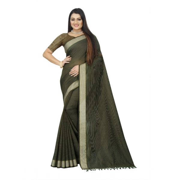 Women's Cotton Blend Solid/Plain Saree With Unstitched Blouse 5.5Mtr (Green) - Green